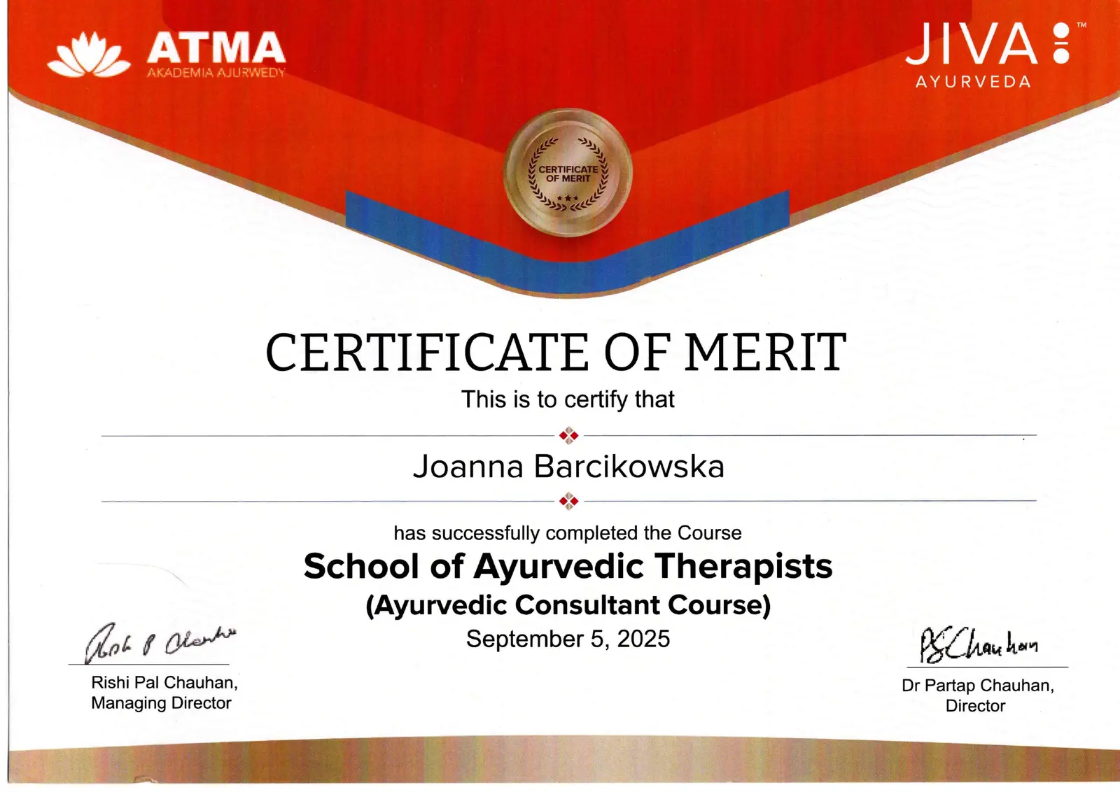 Joanna Barcikowska's Ayurvedic Consultant Course certificate