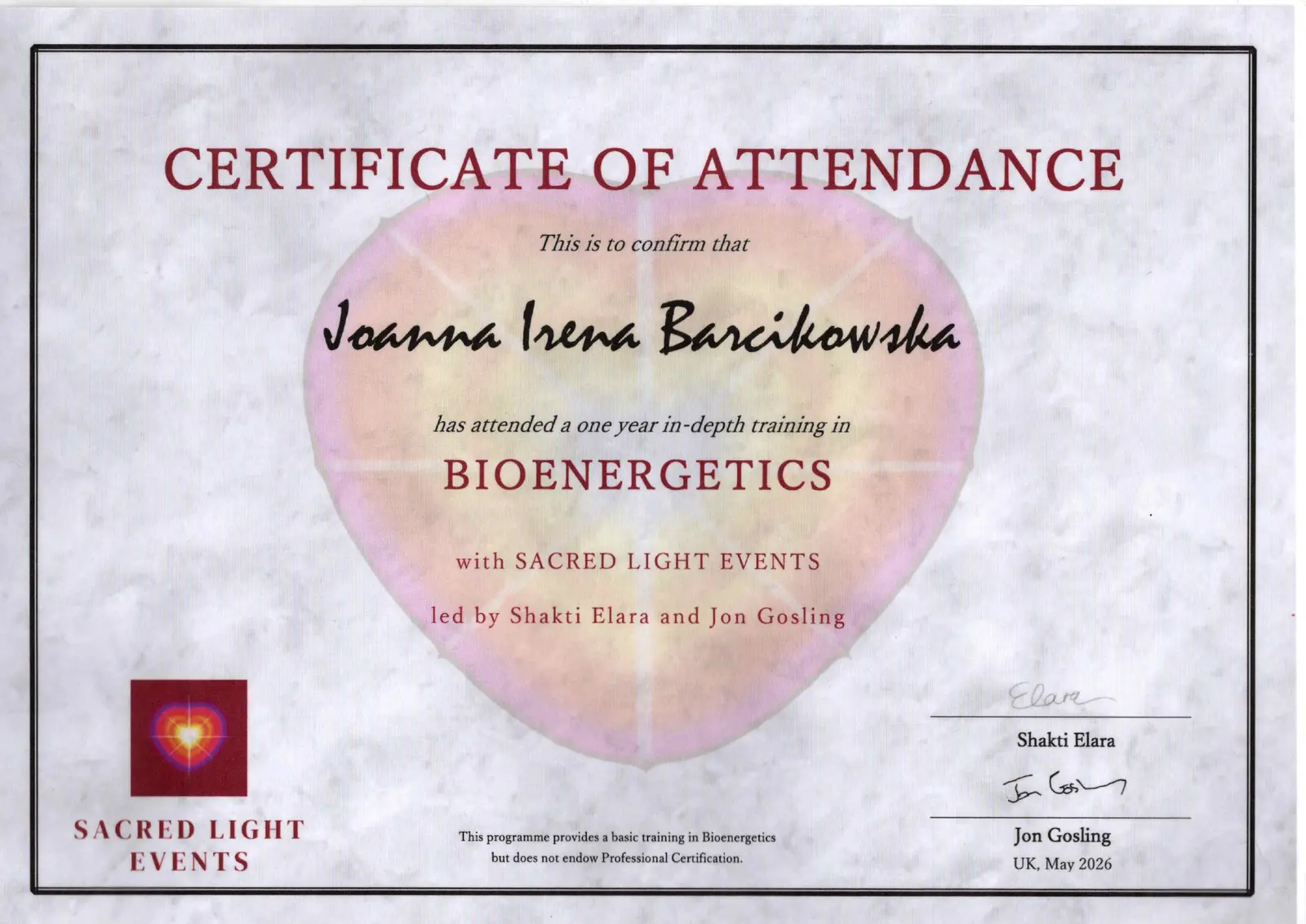 Joanna Barcikowska's Bioenergetics training certificate