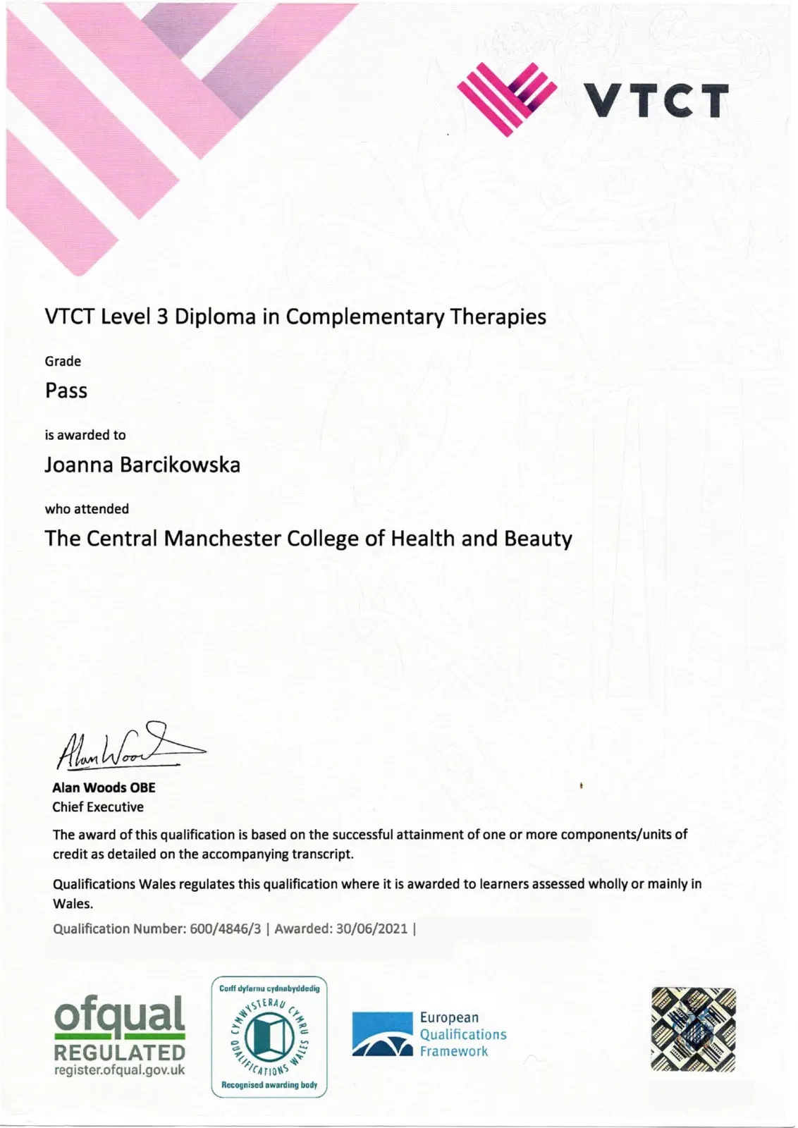 Joanna Barcikowska's VTCT Level 3 Diploma in Complementary Therapies