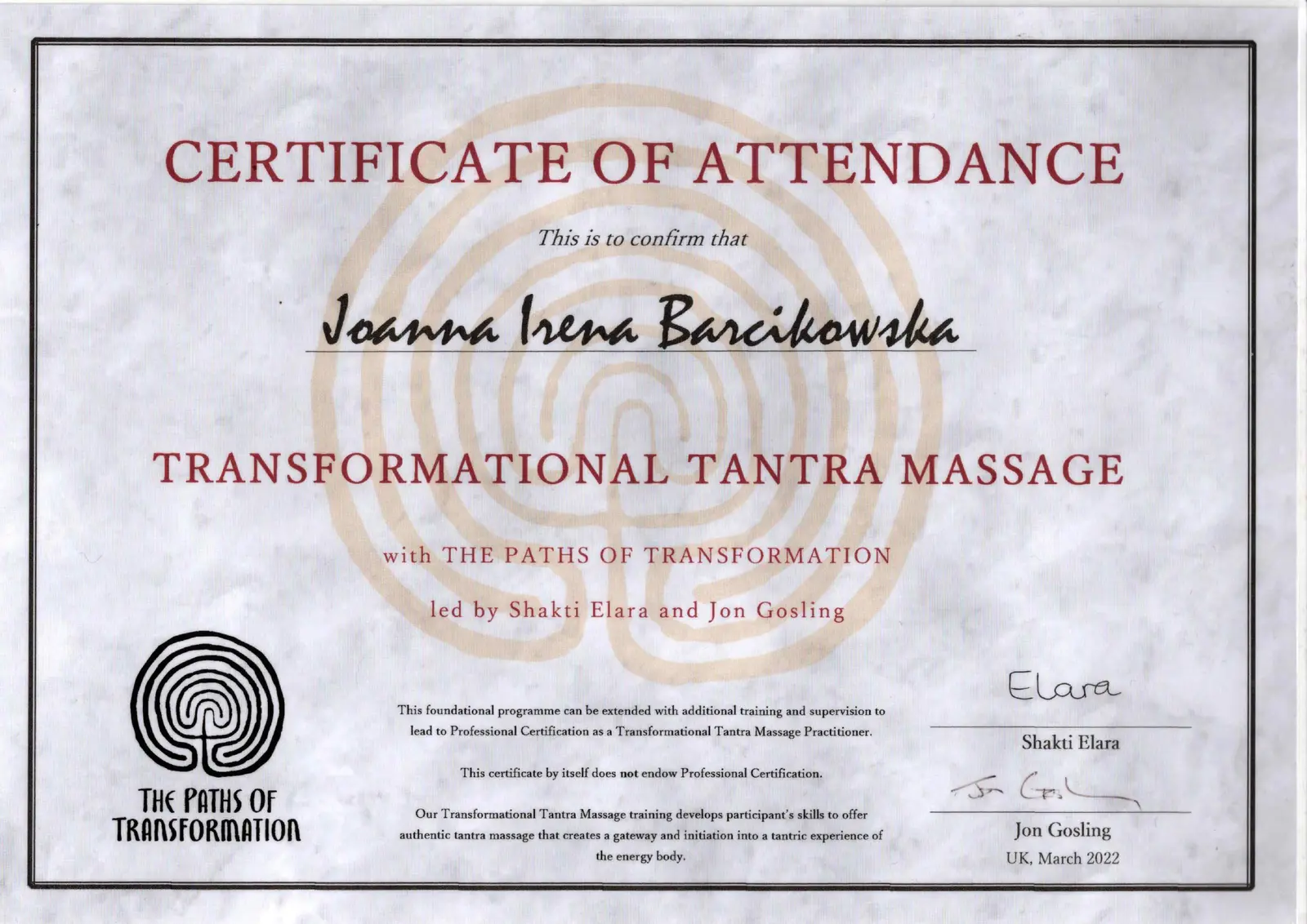 Joanna Barcikowska's Transformational Tantra Massage certificate